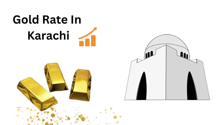 24-karat three gold bars along with colored Mazar-e-Quaid which is the landmark and used as an icon of Karachi, Pakistan. There is an upward moving graph that indicates an increase in the gold rate in Karachi. The Gold rate in Karachi is written in bold letters in Canva sans font size 74.2. There is golden shiny dust under gold bars.