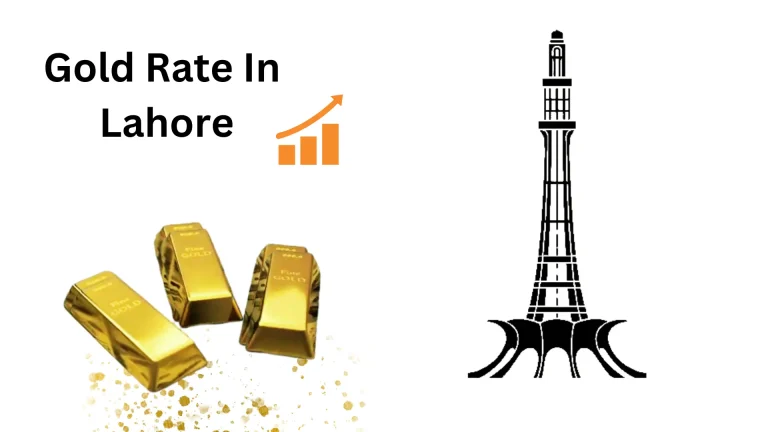 24-karat three gold bars along with an outlined sketch of Minar-e-Pakistan which is the landmark and used as an icon of Lahore, Pakistan. There is an upward moving graph that indicates an increase in the gold rate in Lahore. The Gold rate in Lahore is written in bold letters in Canva sans font size 74.2. There is golden shiny dust under gold bars.