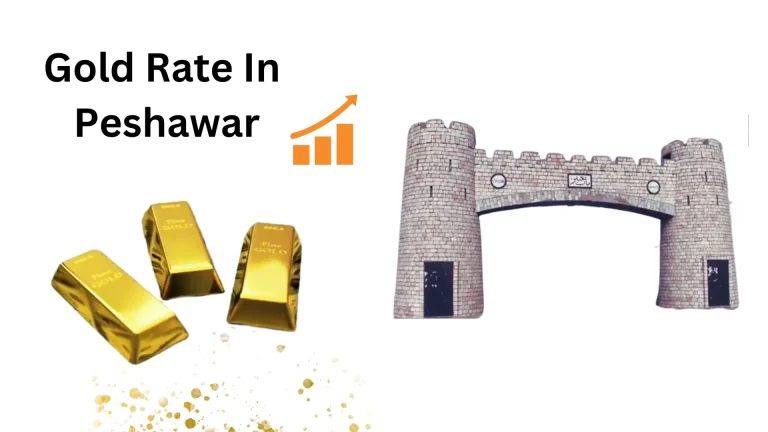 24-karat three gold bars along with Bab-e-Khyber which is the landmark and used as an icon of Peshawar, Pakistan. There is an upward moving graph that indicates an increase in the gold rate in Peshawar. The Gold rate in Peshawar is written in bold letters in Canva sans font size 74.2. There is golden shiny dust under gold bars.