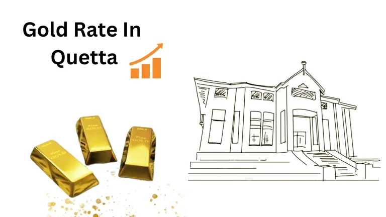 24-karat three gold bars along with Quaid e Azam residency in Ziarat which is the landmark and used as an icon of Quetta, Pakistan. There is an upward moving graph that indicates an increase in the gold rate in Quetta. The Gold rate in Quetta is written in bold letters in Canva sans font size 74.2. There is golden shiny dust under gold bars.