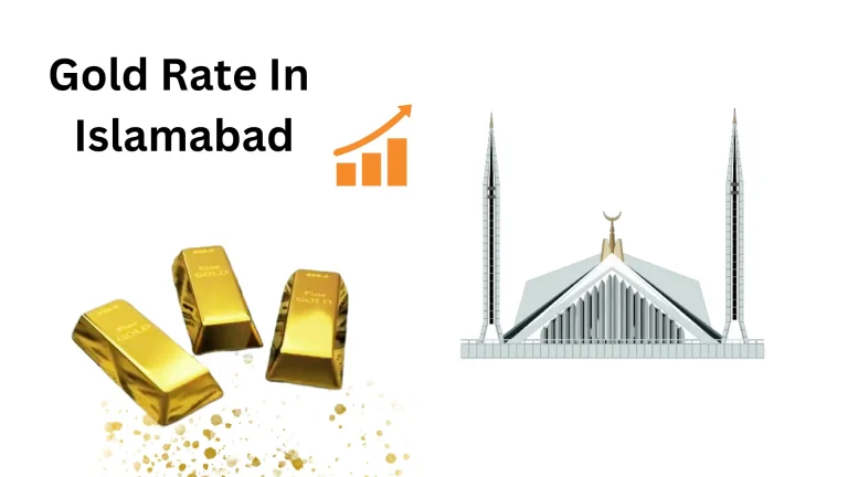 24-karat three gold bars along with Faisal Mosque which is the landmark and used as an icon of Islamabad, Pakistan. There is an upward moving graph that indicates an increase in the gold rate in Islamabad. The Gold rate in Islamabad is written in bold letters in Canva sans font size 74.2. There is golden shiny dust under gold bars.